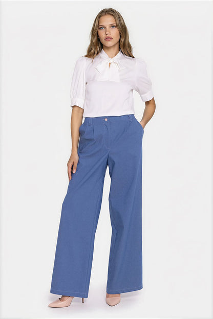 Women's white wide-leg mid-rise denim jeans with front pleats by Nife