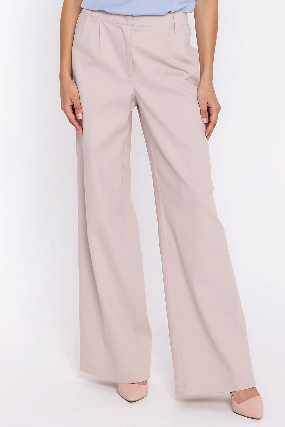 Women's beige wide-leg mid-rise jeans with front pleats by Nife