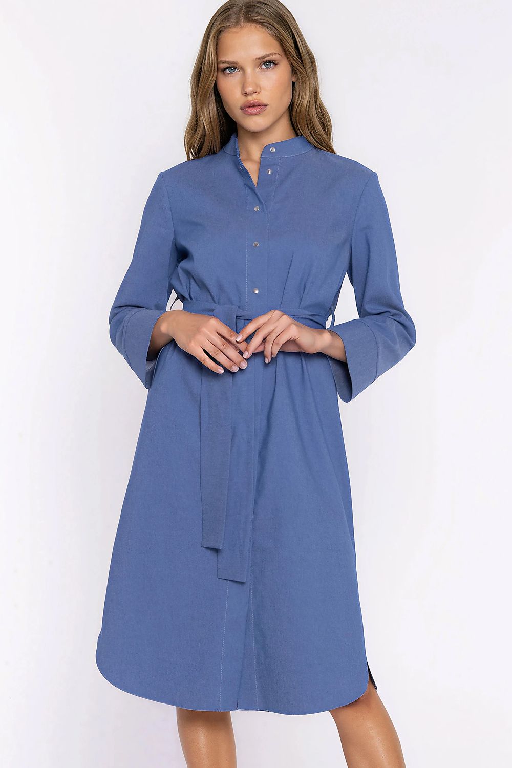 Women's blue denim knee-length casual dress with stand collar and belt by Nife
