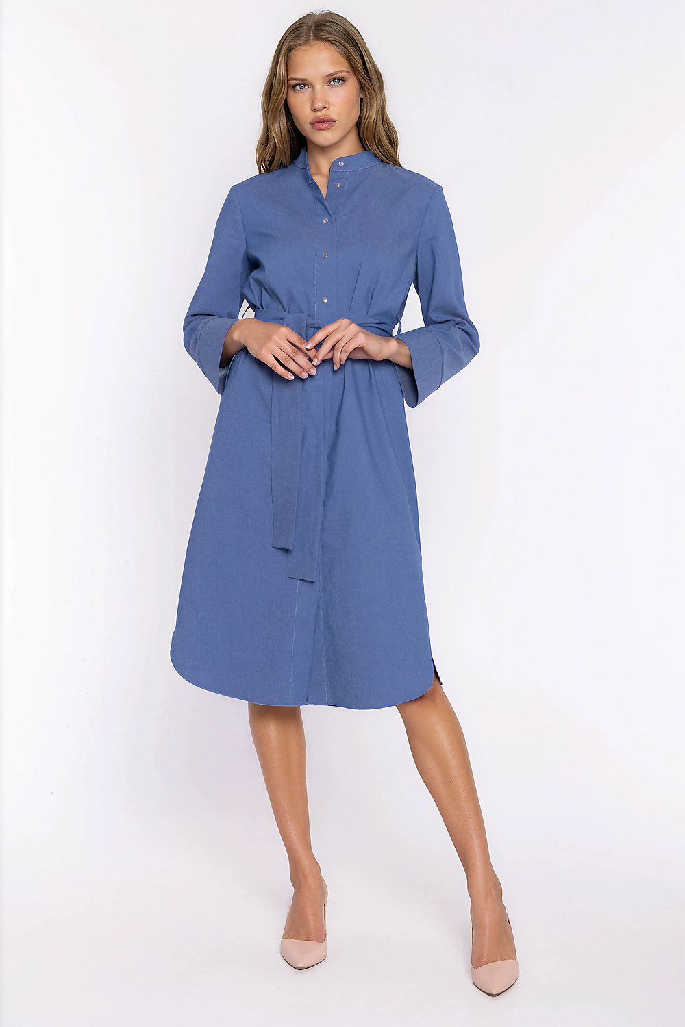 Women's blue denim knee-length casual dress with stand collar and belt by Nife