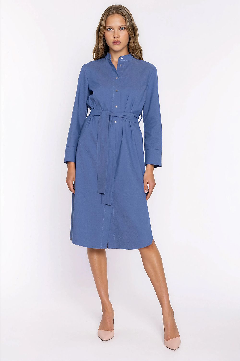 Women's blue denim knee-length casual dress with stand collar and belt by Nife
