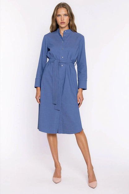 Women's blue denim knee-length casual dress with stand collar and belt by Nife