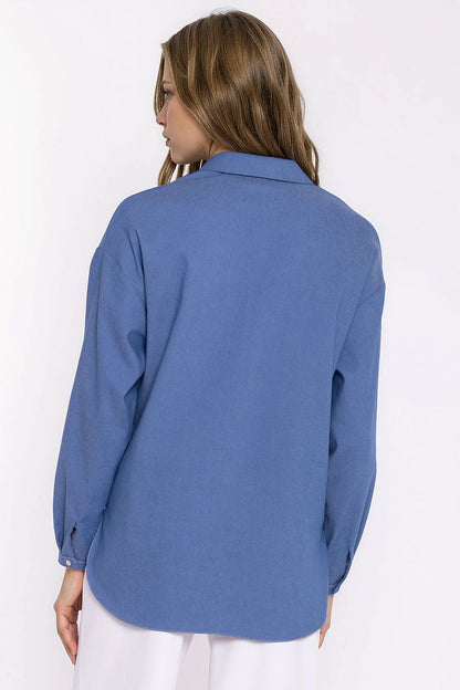 Women's blue oversized denim shirt with long sleeves and snap buttons by Nife