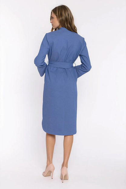 Women's blue denim knee-length casual dress with stand collar and belt by Nife