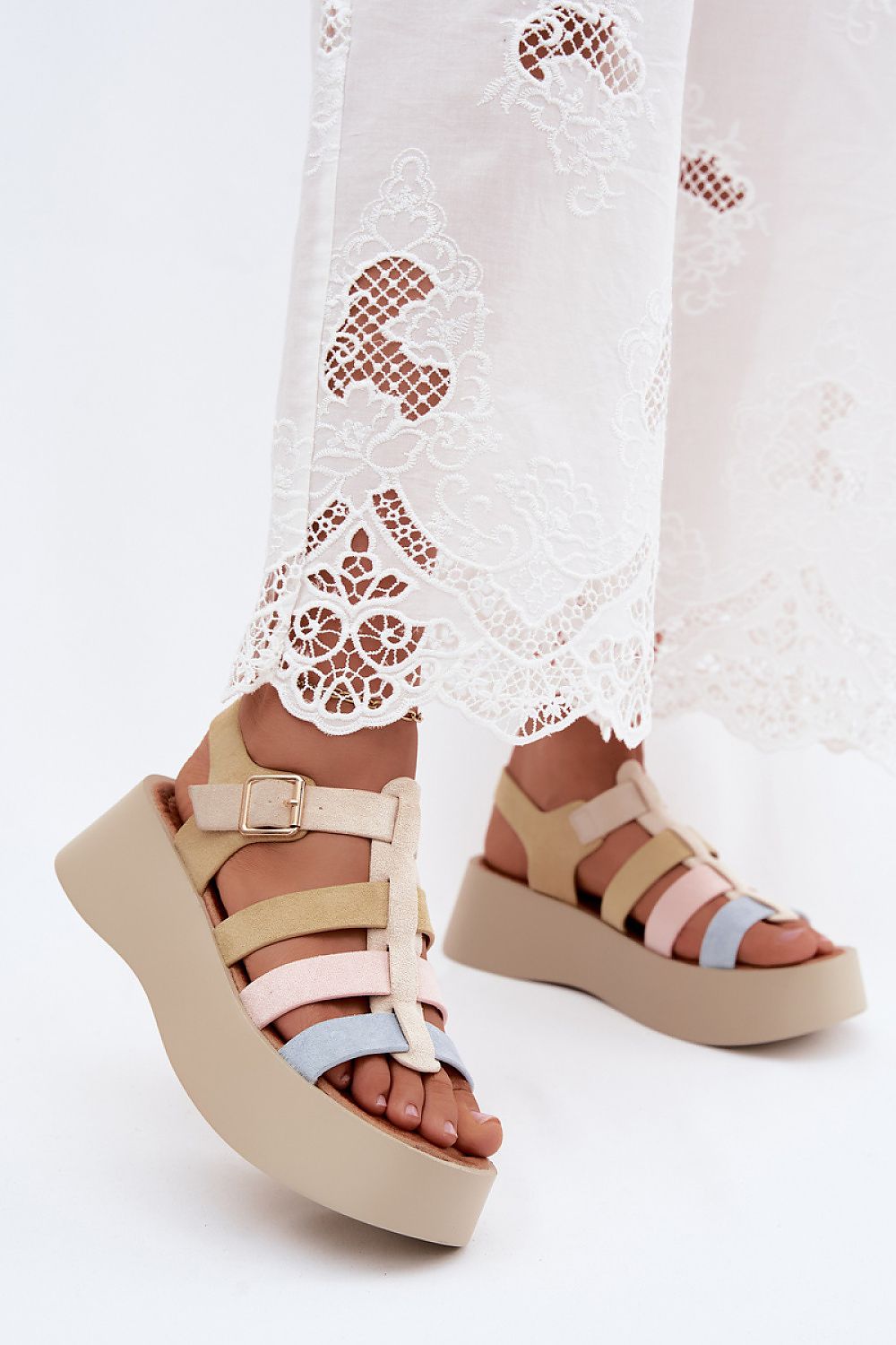 Women's Beige and Brown Suede Strap Detail Platform Sandals front view