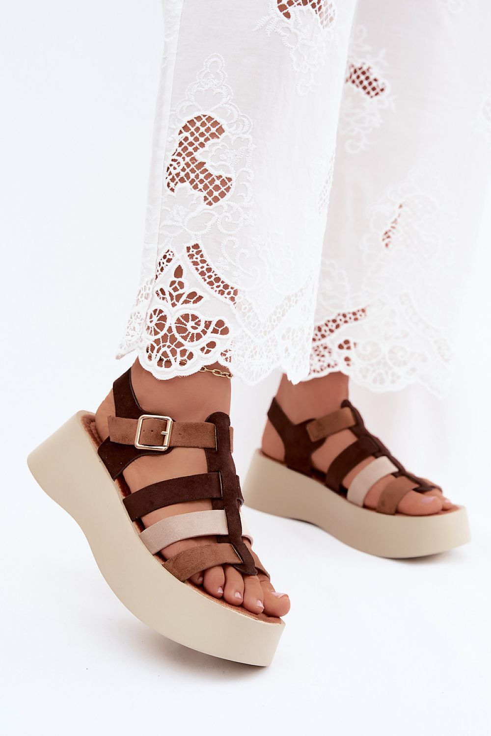 Women's Beige and Brown Suede Strap Detail Platform Sandals back view