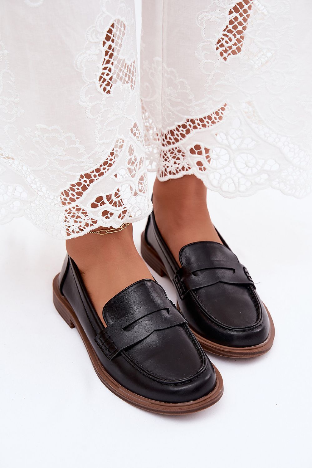 Women's Black and Brown Strap Detail 2 Cm Heel Moccasins front view