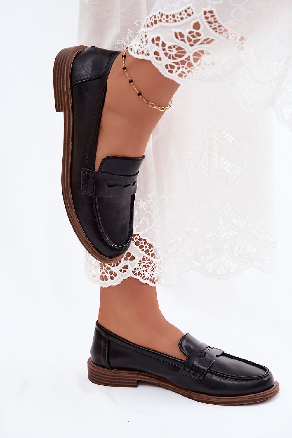 Women's Black and Brown Strap Detail 2 Cm Heel Moccasins detail view