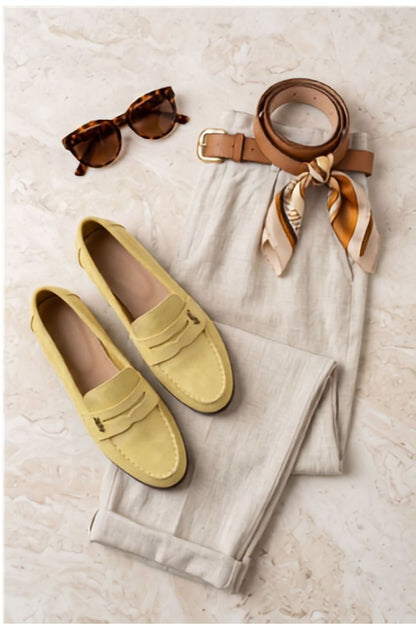Women's Yellow, Beige, and Blue Suede 1.5 Cm Heel Moccasins side view