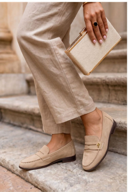 Women's Yellow, Beige, and Blue Suede 1.5 Cm Heel Moccasins back view