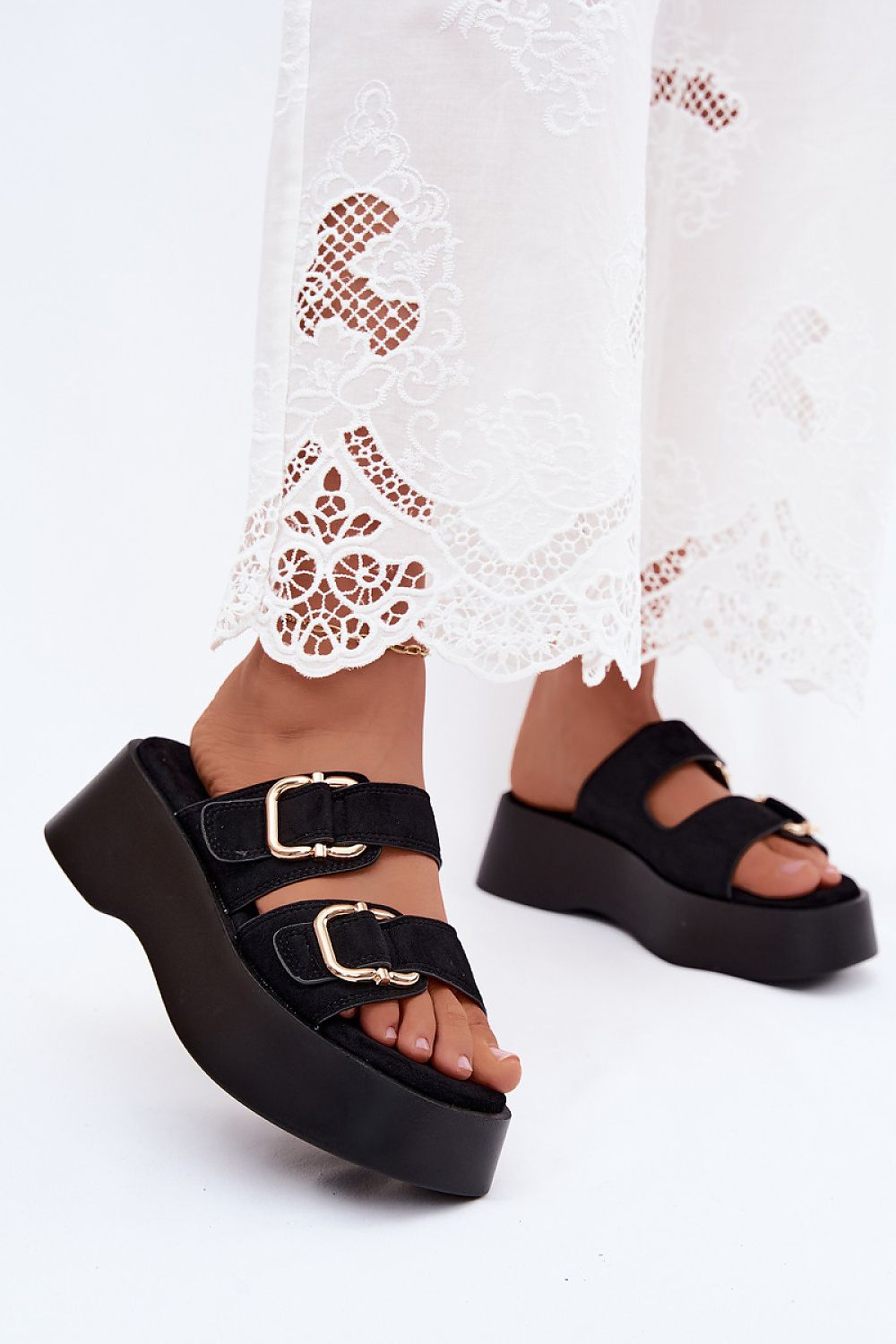 Women's Black, Brown, and Beige Suede Strap Detail Platform Sandals front view