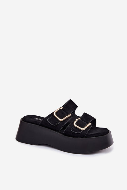 Women's Black, Brown, and Beige Suede Strap Detail Platform Sandals side view