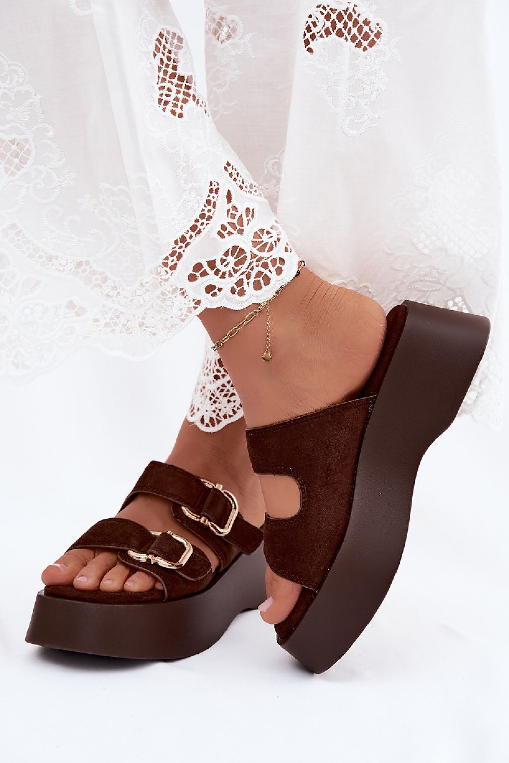 Women's Black, Brown, and Beige Suede Strap Detail Platform Sandals back view