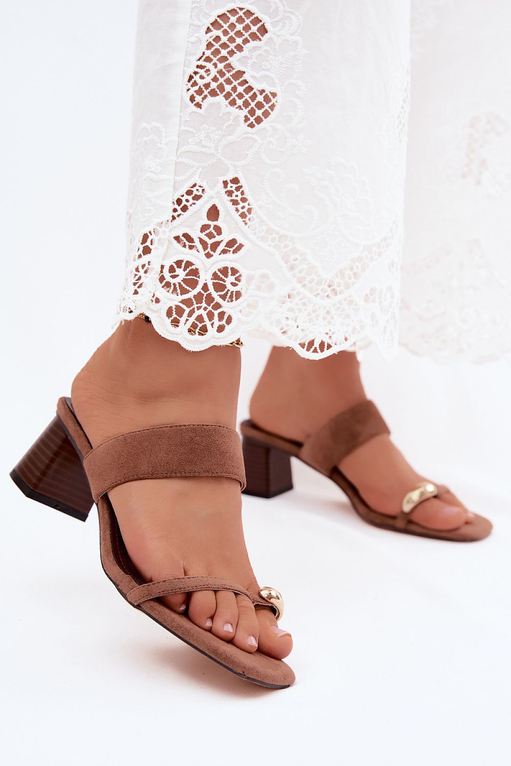 Women's Brown and Black Suede Heeled Sandals front view