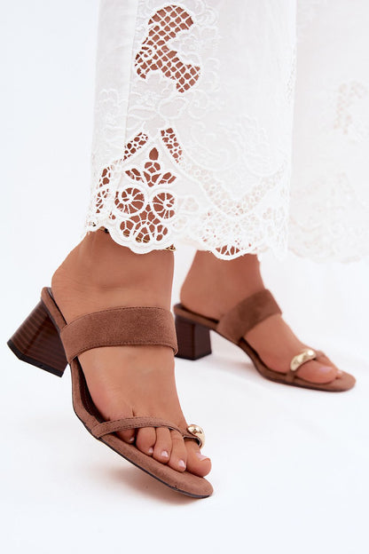 Women's Brown and Black Suede Heeled Sandals front view