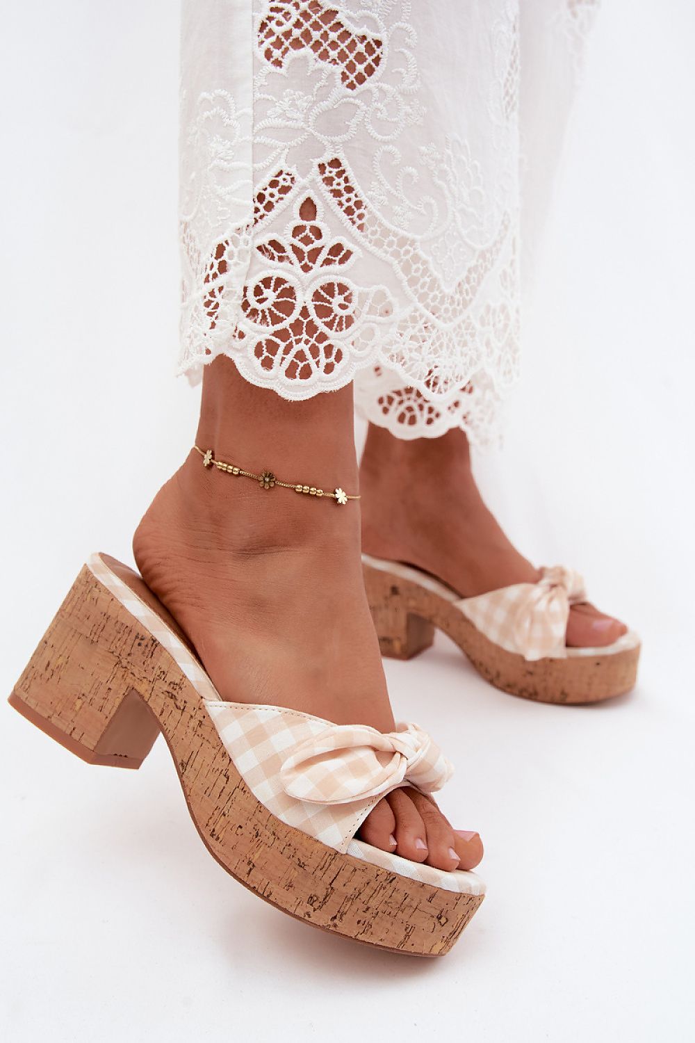 Women's Black and Beige Fabric Platform Sole Heeled Sandals back view