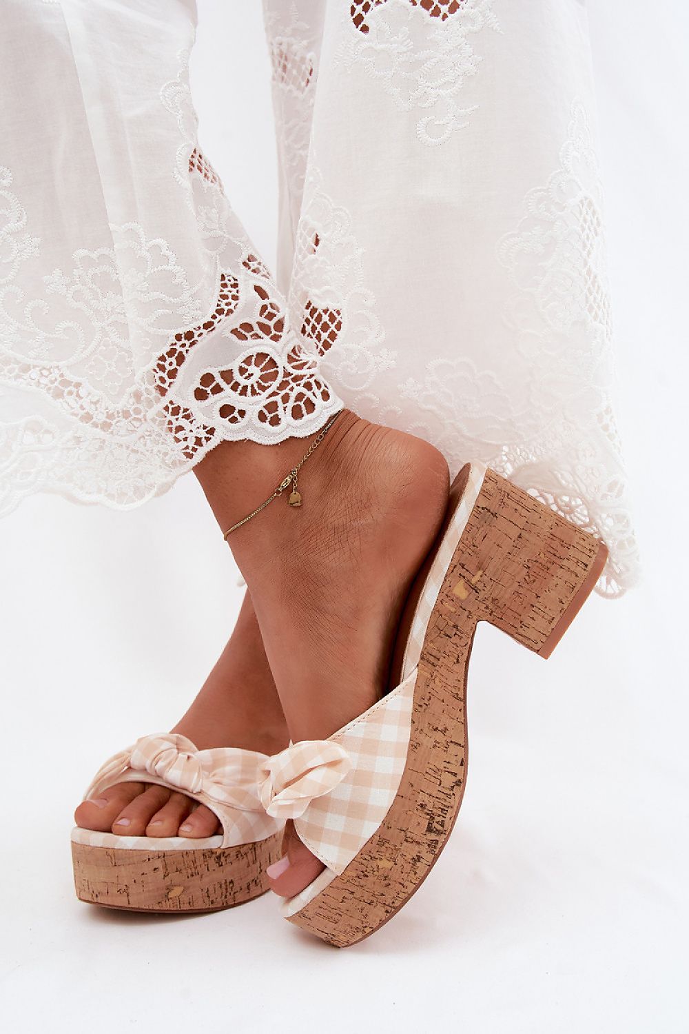 Women's Black and Beige Fabric Platform Sole Heeled Sandals view 6