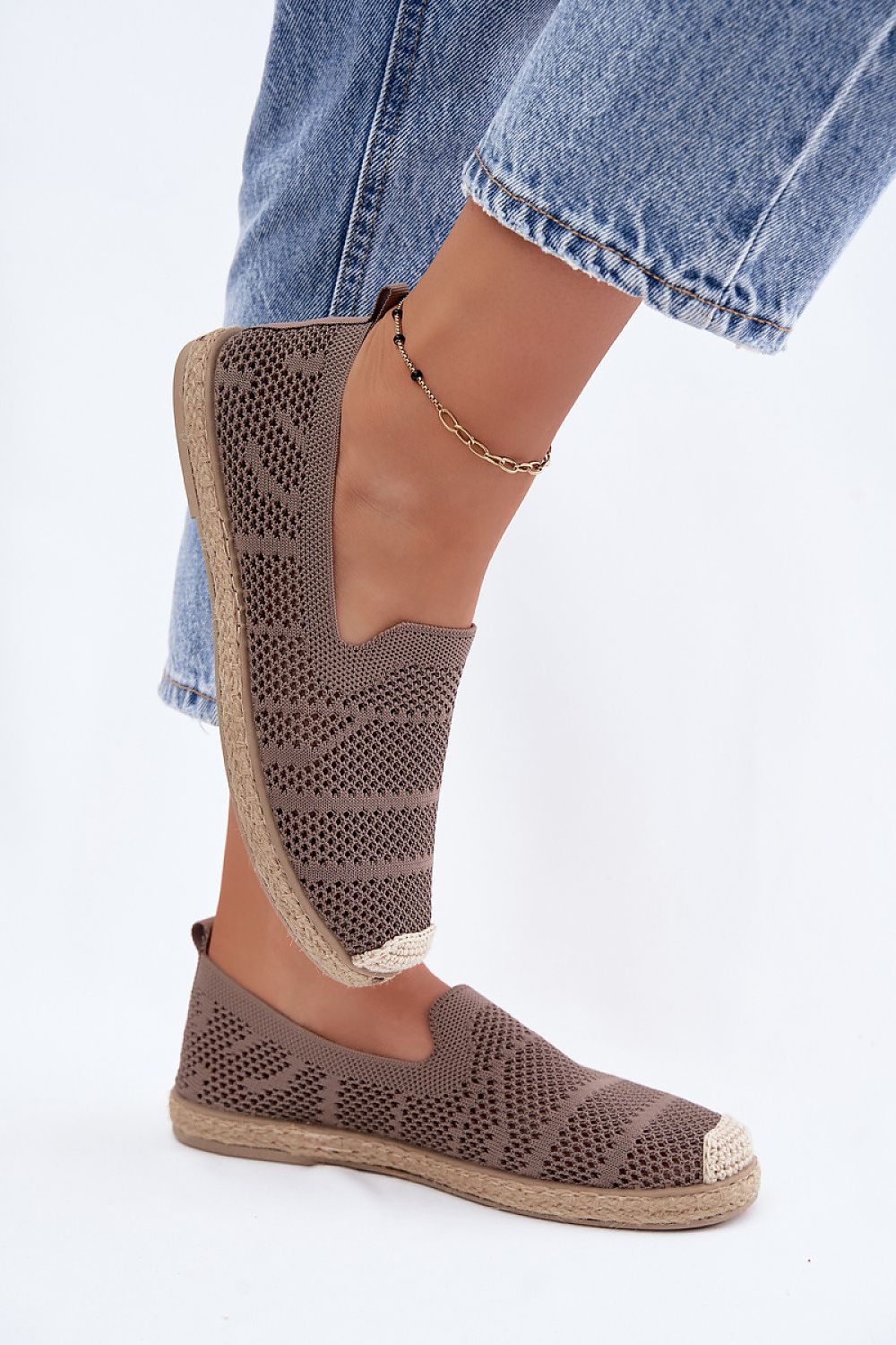 Women's Beige and White Fabric Openwork Detail Espadrilles front view