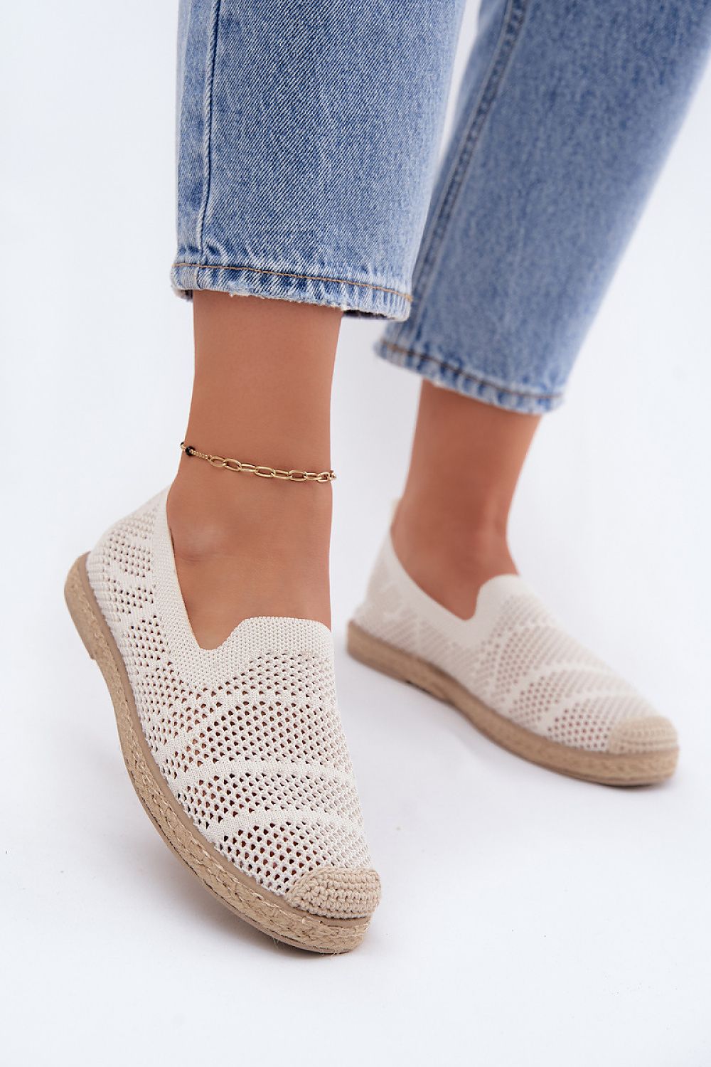 Women's Beige and White Fabric Openwork Detail Espadrilles back view