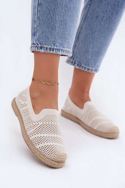 Women's Beige and White Fabric Openwork Detail Espadrilles back view