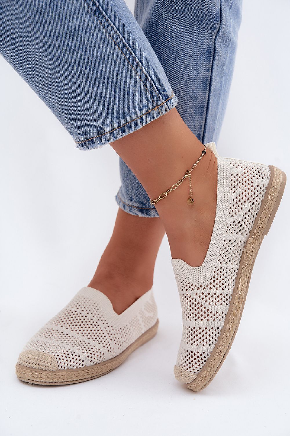 Women's Beige and White Fabric Openwork Detail Espadrilles view 6