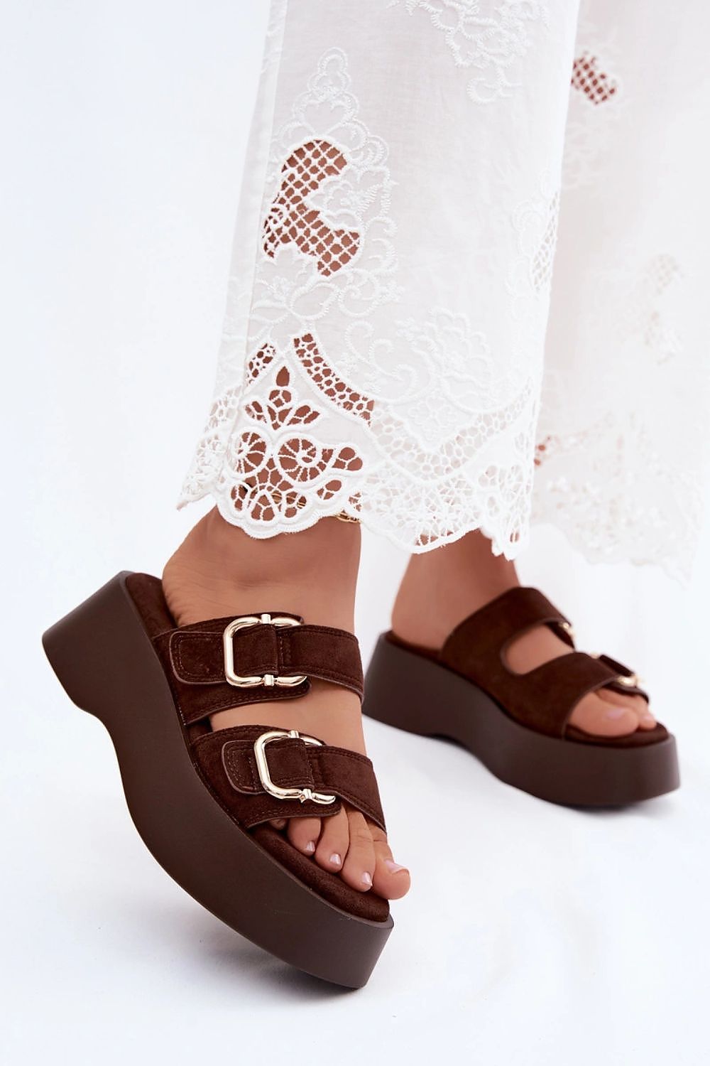 Women's Black, Brown, and Beige Suede Strap Detail Platform Sandals view 6