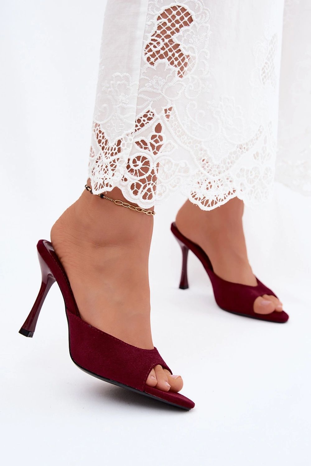 Women's Red, Black, and Beige Suede Heeled Sandals detail view