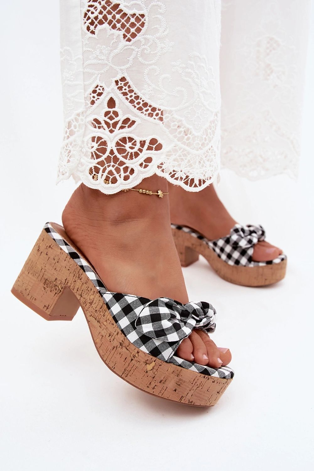 Women's Black and Beige Fabric Platform Sole Heeled Sandals side view