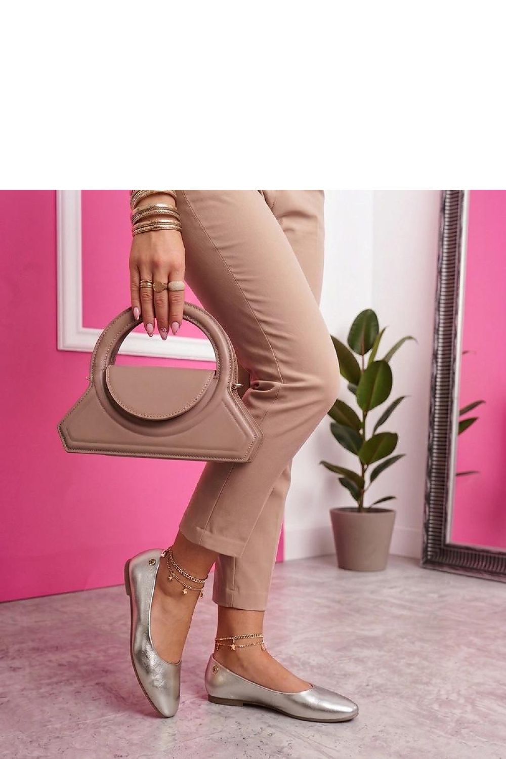 Women's Grey and Beige Faux Leather 2 Cm Heel Ballet Flats side view