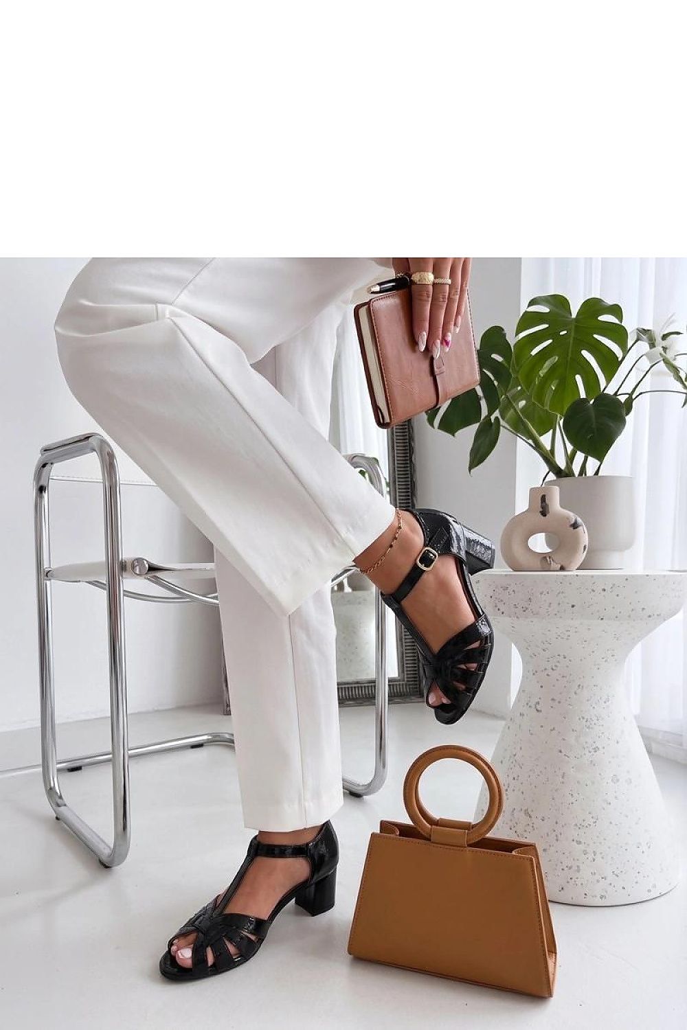 Women's Beige, Black, and White Block Heel Heeled Sandals view 6