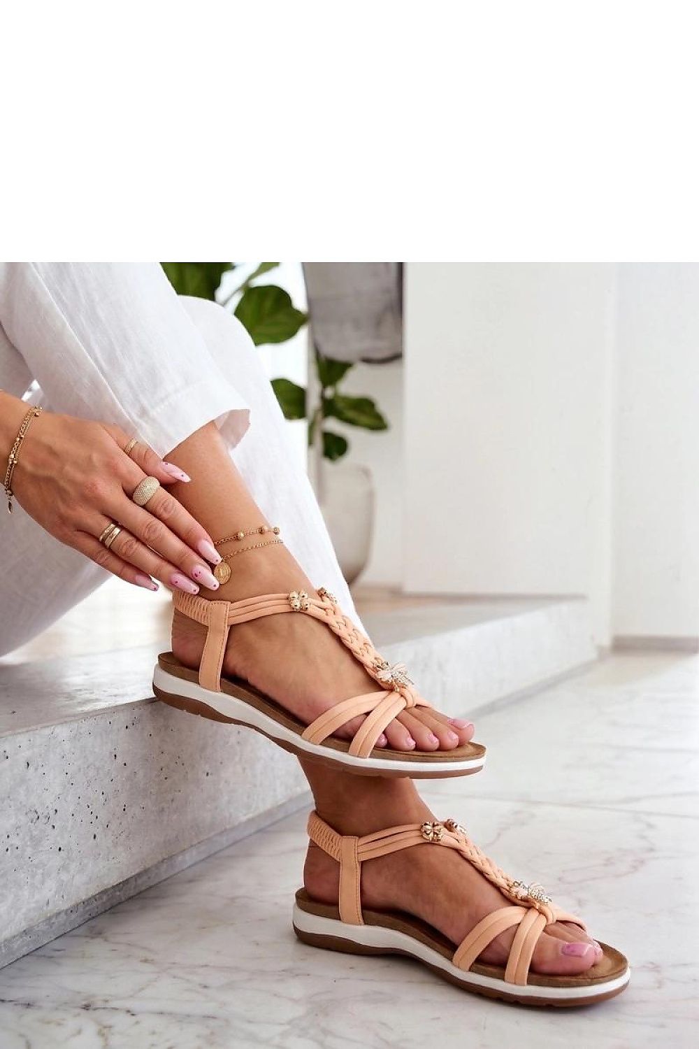 Women's Beige Fabric Flip-flops front view