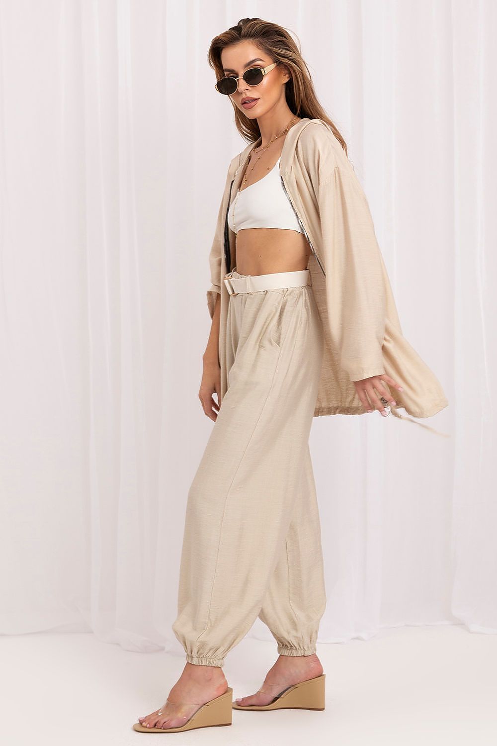 Women's Beige and Black Easy-fit Elastic Detail Women Trousers side view