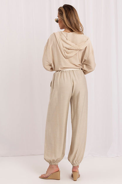Women's Beige and Black Easy-fit Elastic Detail Women Trousers detail view