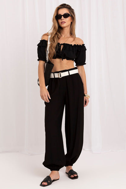 Women's Beige and Black Easy-fit Elastic Detail Women Trousers back view