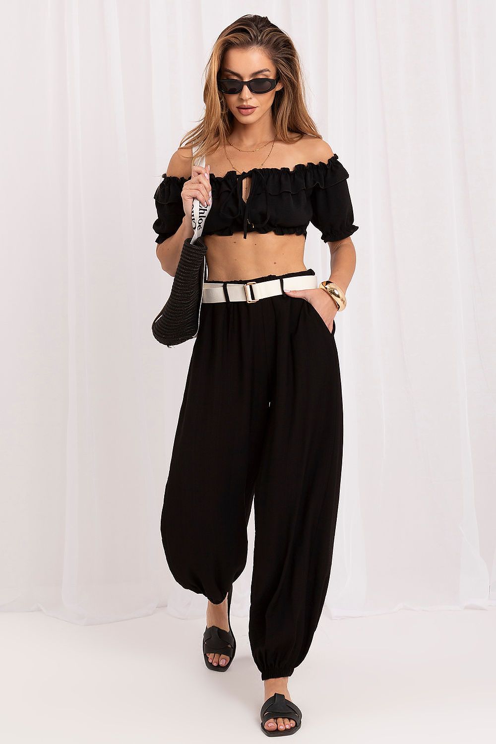 Women's Beige and Black Easy-fit Elastic Detail Women Trousers view 5