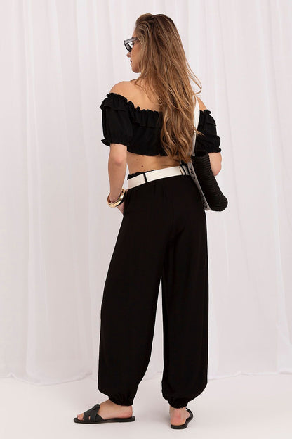 Women's Beige and Black Easy-fit Elastic Detail Women Trousers view 6