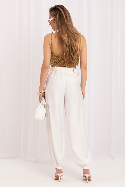 Women's Beige and Black Easy-fit Elastic Detail Women Trousers view 9