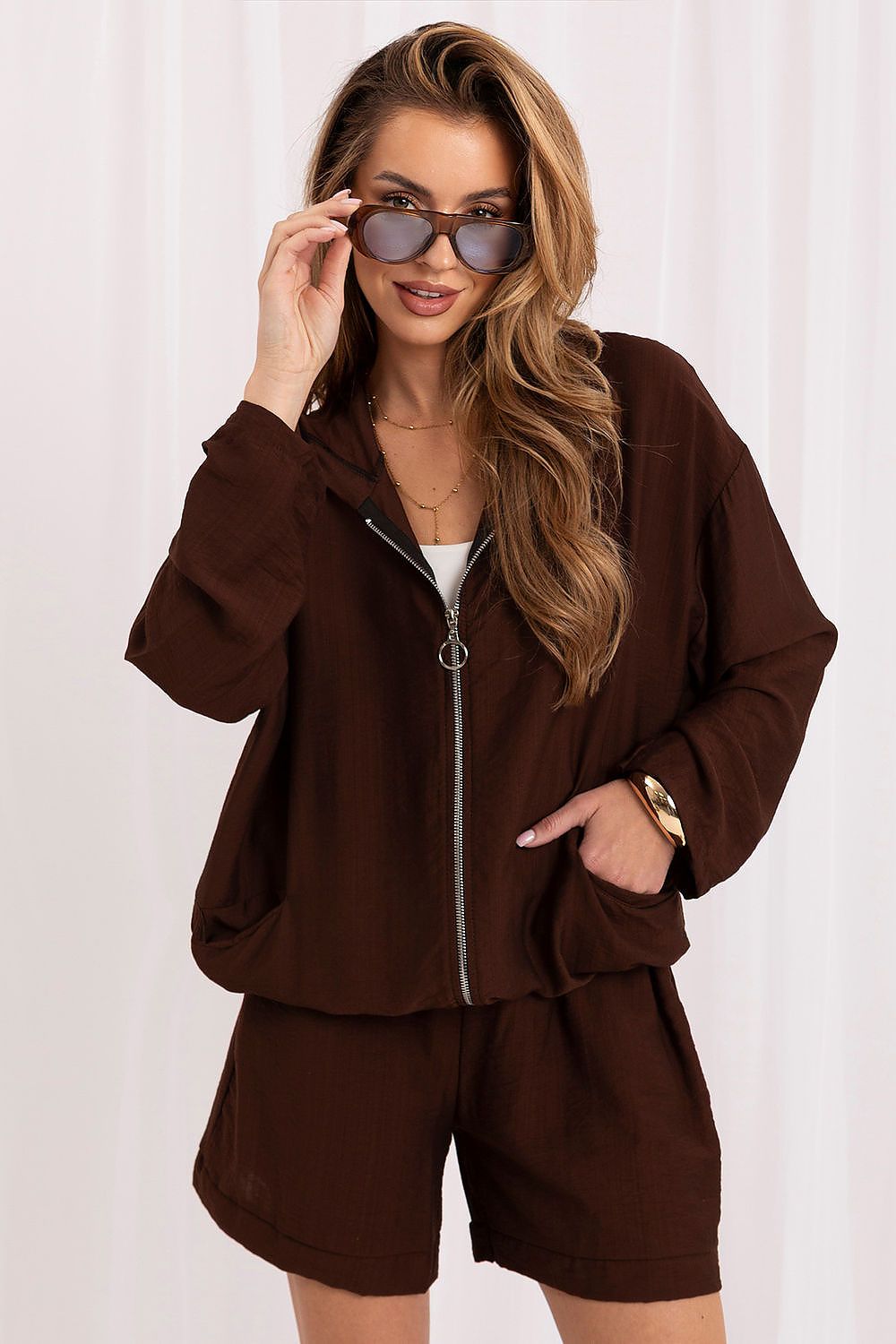 Women's Brown and Beige Easy-fit Elastic Detail Sweatshirt front view