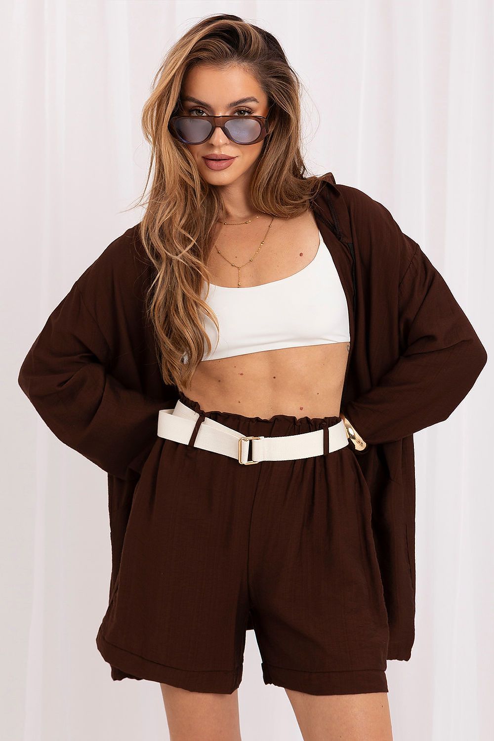 Women's Beige and Brown Easy-fit Elastic Detail Shorts view 5
