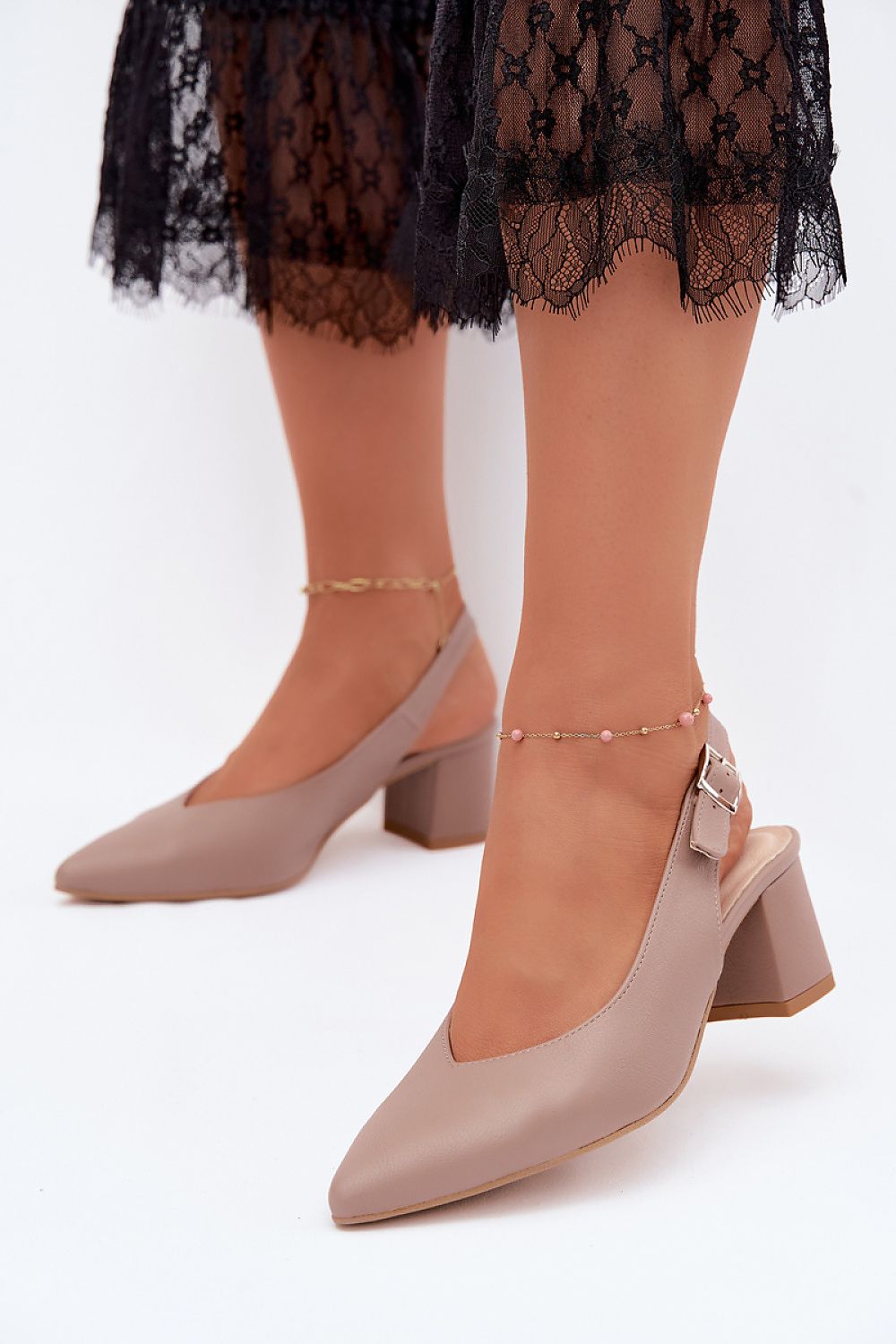 Women's Beige Faux Leather Strap Detail Heeled Sandals detail view