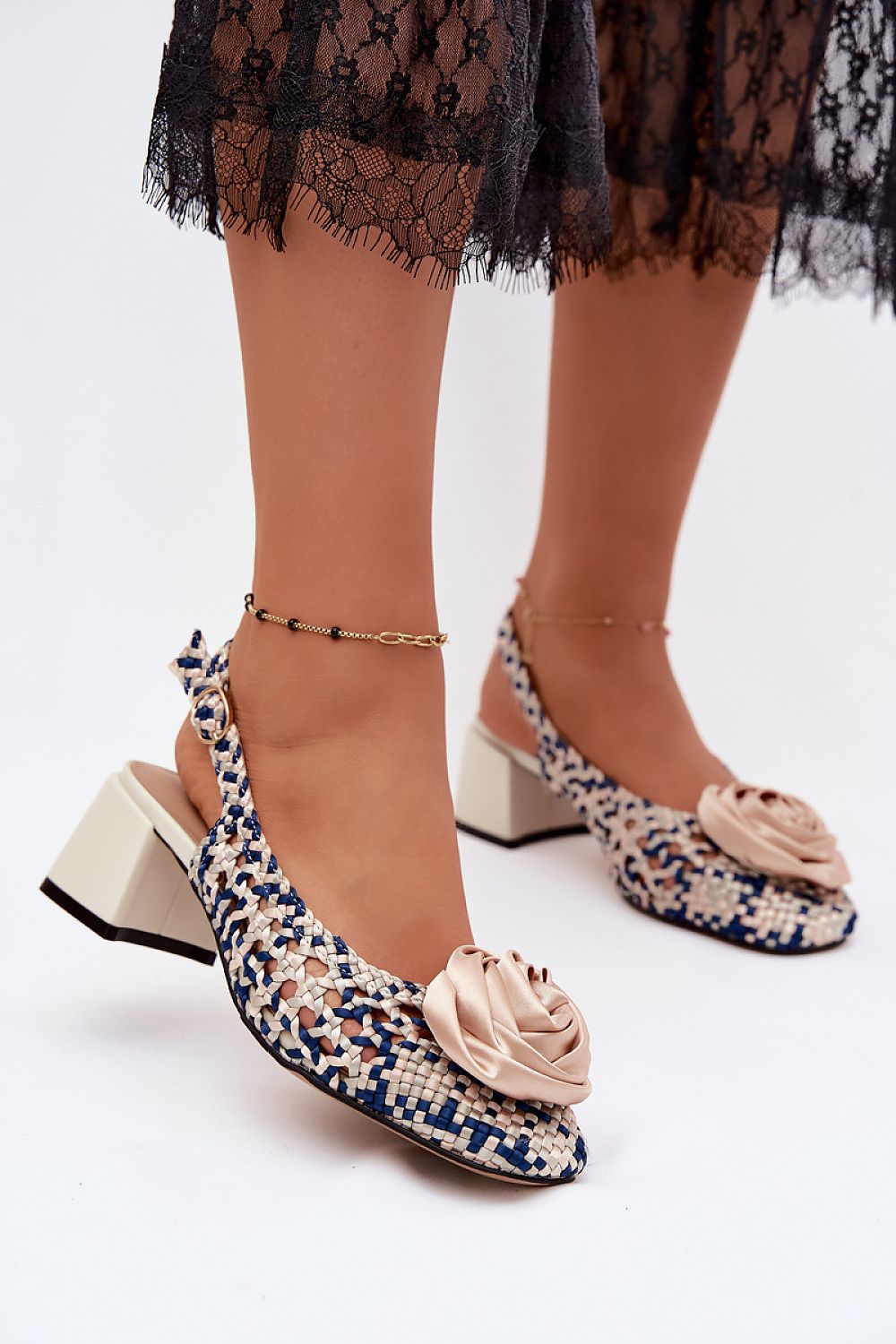Women's Beige Fabric Heeled Sandals front view