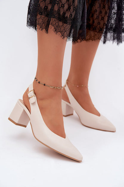 Women's Beige Faux Leather Strap Detail Heeled Sandals back view