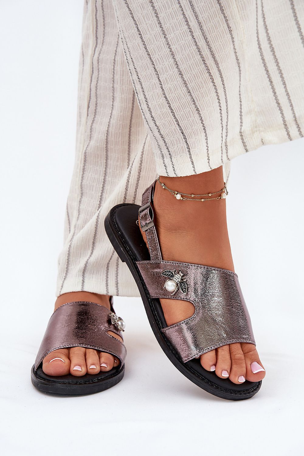 Women's Grey Faux Leather Strap Detail 1.5 Cm Heel Sandals front view