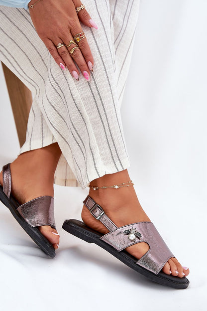 Women's Grey Faux Leather Strap Detail 1.5 Cm Heel Sandals detail view