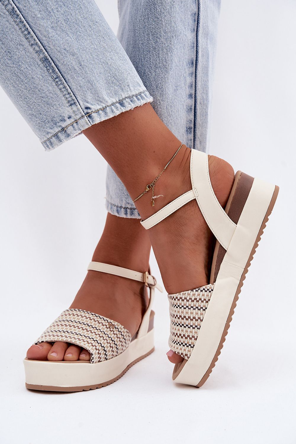 Women's Beige Strap Detail 5 Cm Heel Wedge Sandals front view