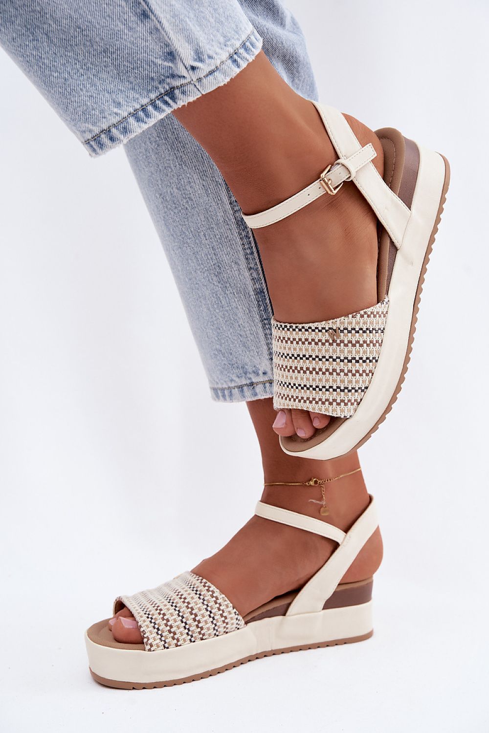 Women's Beige Strap Detail 5 Cm Heel Wedge Sandals detail view