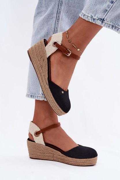 Women's Black and Beige Fabric Strap Detail 6.5 Cm Heel Wedge Sandals front view