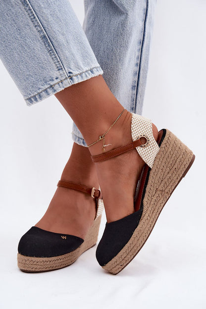 Women's Black and Beige Fabric Strap Detail 6.5 Cm Heel Wedge Sandals detail view