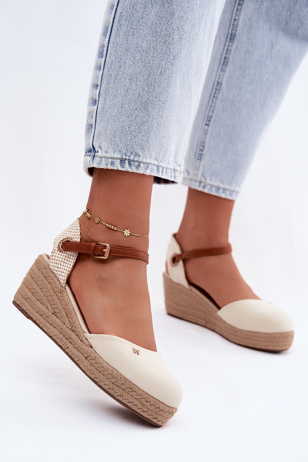 Women's Black and Beige Fabric Strap Detail 6.5 Cm Heel Wedge Sandals back view