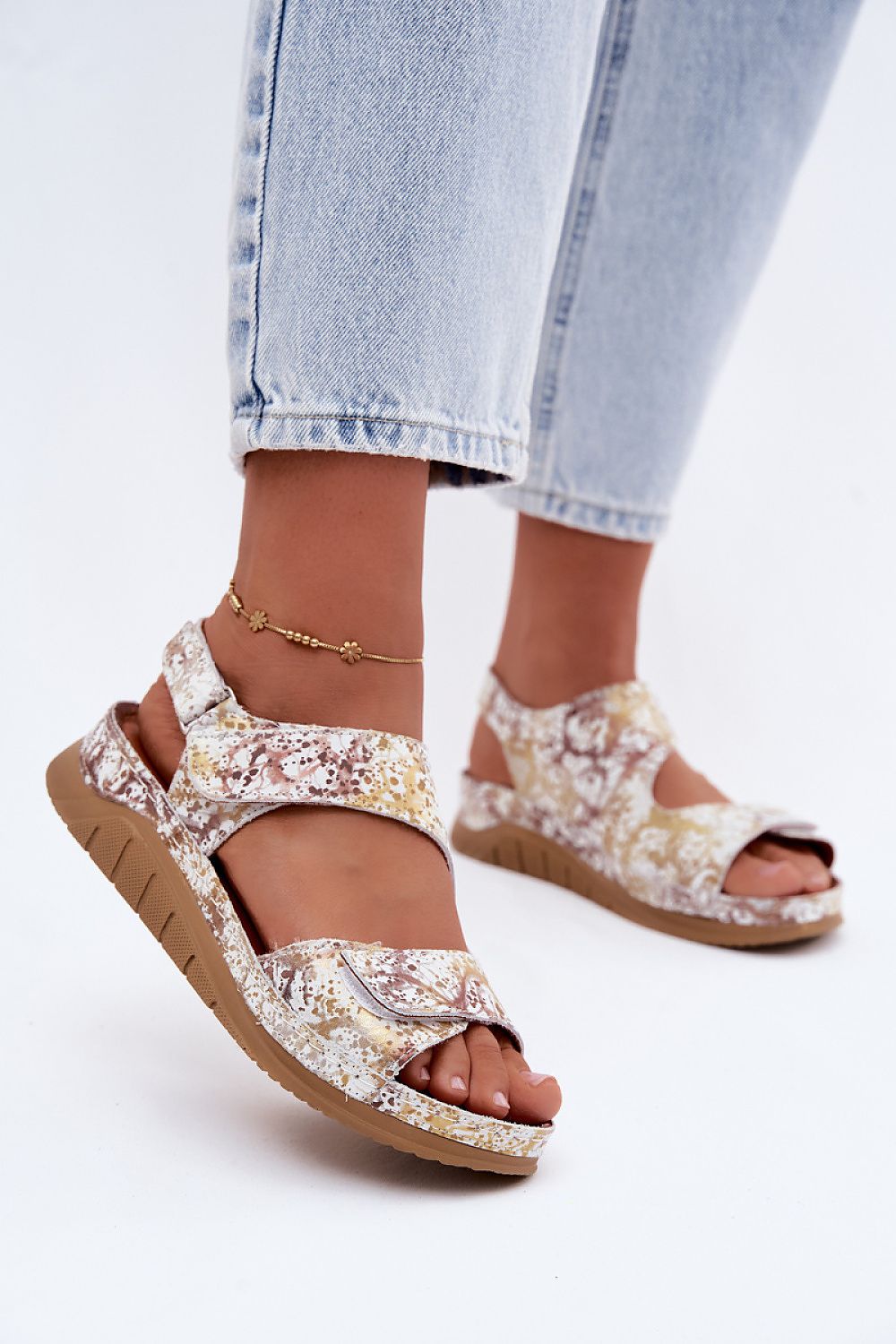 Women's White and Brown Leather Platform Sandals front view